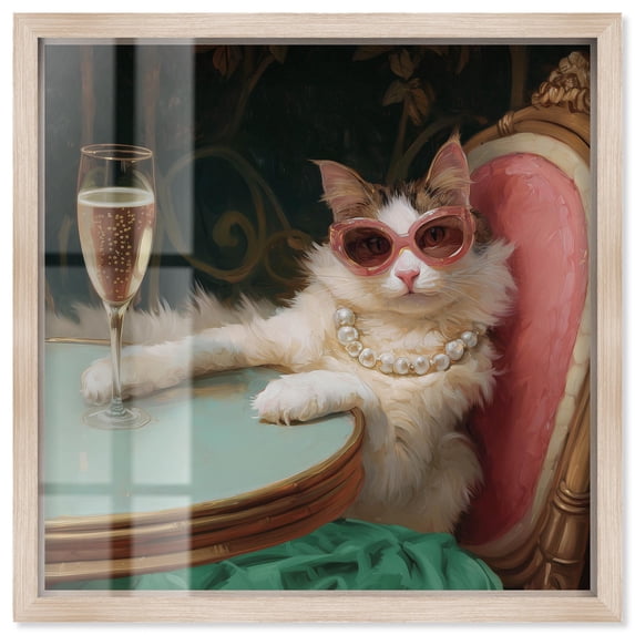 Kitty Glam Drink Shadowbox Print Cats Wall Art by Art Remedy, Blonde Frame, 20 x 20
