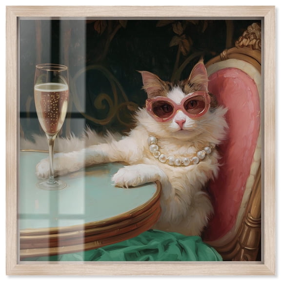 Kitty Glam Drink Shadowbox Print Cats Wall Art by Art Remedy, Blonde Frame, 40 x 40