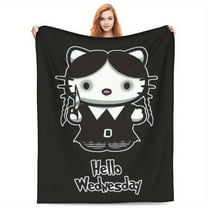 Kitty Halloween Horror Blanket - Cozy 100% Polyester, Witch Theme Design with 'Hello Wednesday' Text, Perfect for Home