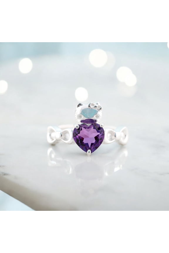 Kitty Inspired Ring, Cute Kitty Amethyst Ring, Japanese Cartoon Animal Lover Jewelry, Novelty Ring, 925 Silver Kitty Ring, Cat Lover Gift