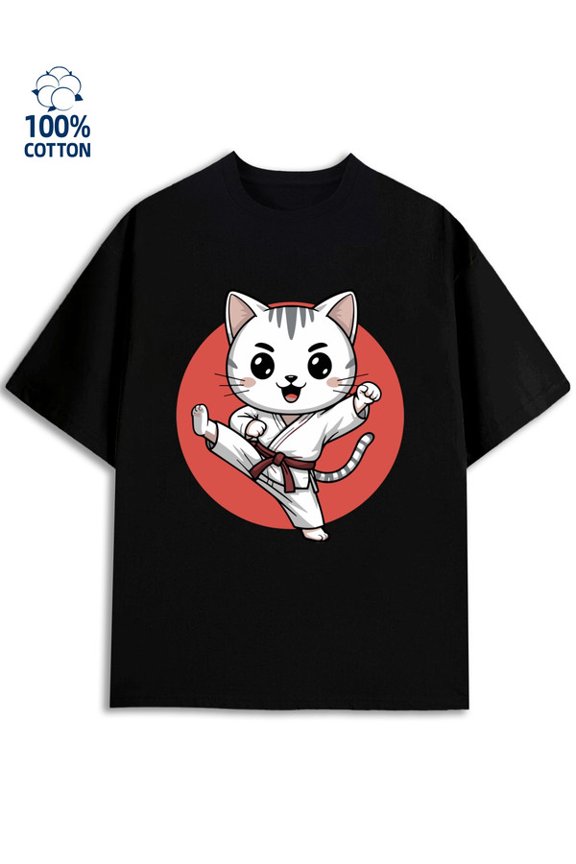 Kitty Karate Tee mens 180G 100% Cotton black Funny Unisex Shirt Crewneck tshirts Original Unisex Shirt Graphic Tee tshirts Trendy Unisex Shirt Graphic tshirts Basic Unisex Shirt Crewneck tshirts