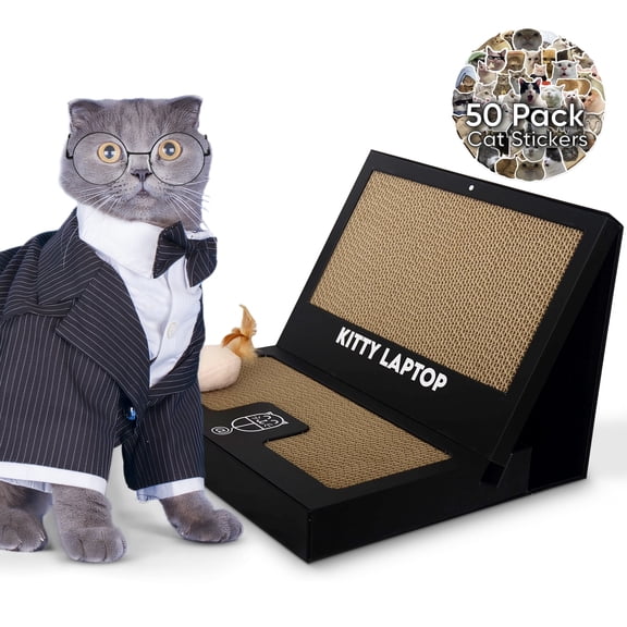Kitty Laptop - Cat Scratchboard Laptop Toy with Interactive Plush Mouse Toy with Catnip - Cat Computer Toy with 50 Stickers