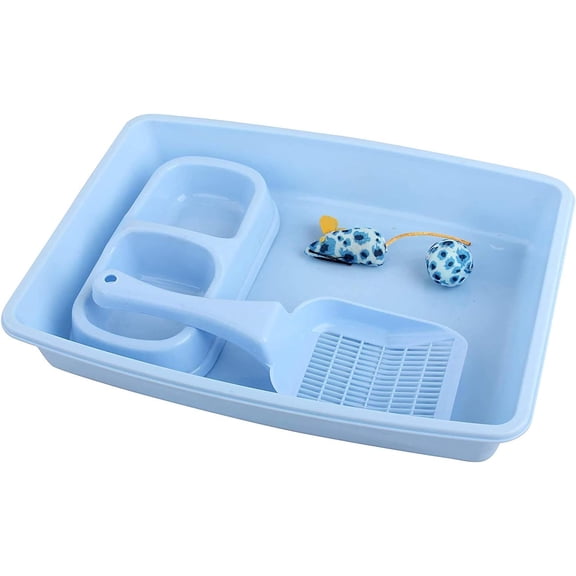 Kitty Litter Box Set 5-Pieces - Shallow Cat Litter Pan, Cat Litter Scooper, Feeding Bowls, Kitten Starter Kit Mouse Toy, 14.5x10.5 Inches, Blue