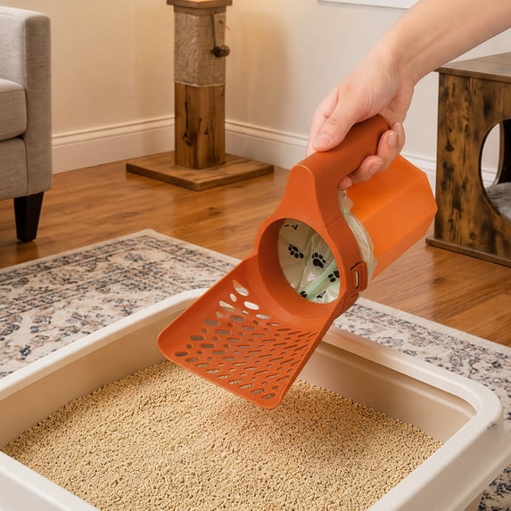 Kitty Litter Shovel With Built In Bin 2 In 1 Poop Scoop Waste Container Odor Lock Quick Sifting Easy Clean Portable Litter Box Tool For Cat Home Travel Cleaning Use