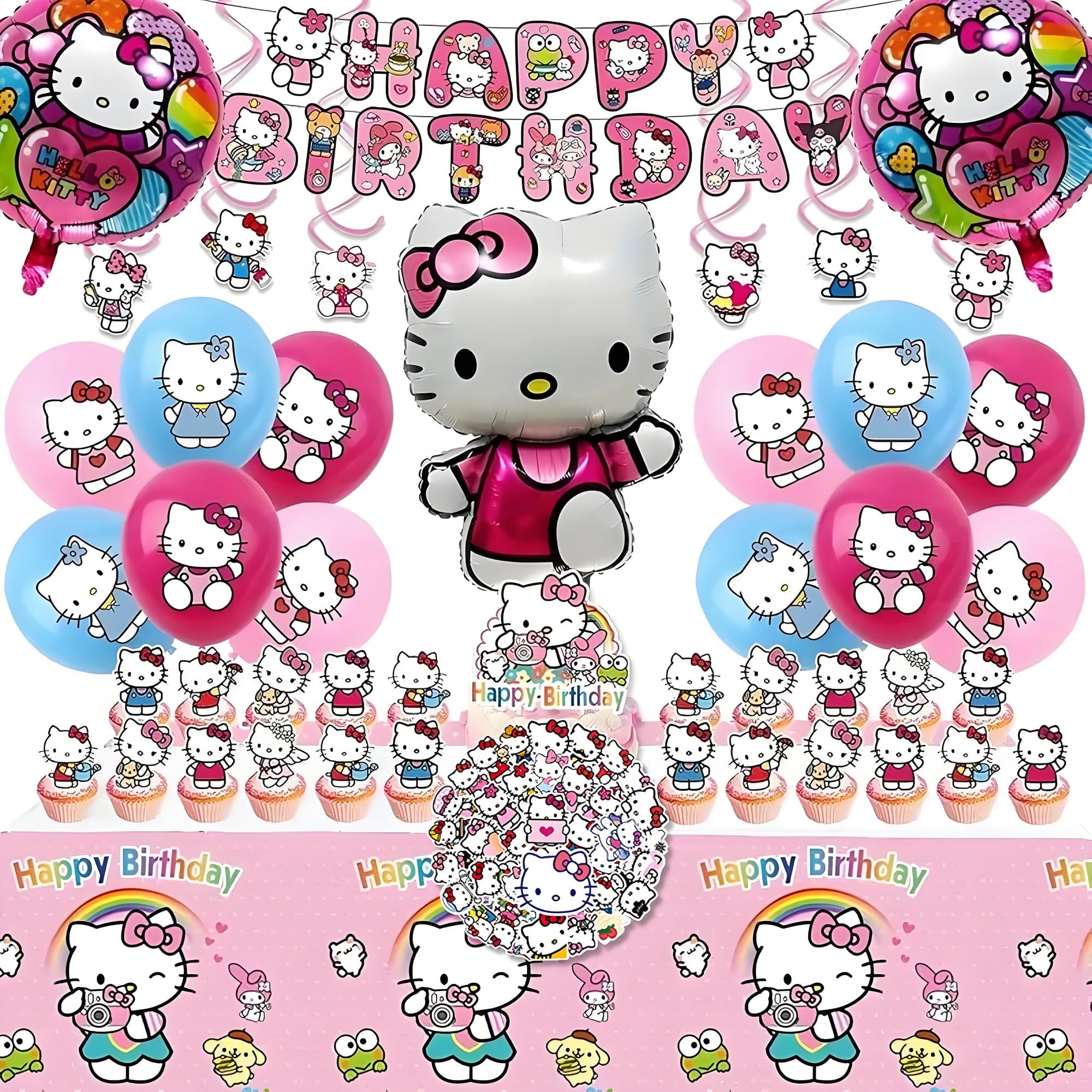 Kitty Party Supplies Set, Birthday Party Favors Include Banner, Balloons, Hanging Swirls, Cake Cupcake Toppers, Tablecloth, Stickers for Girls Kitty Theme Party