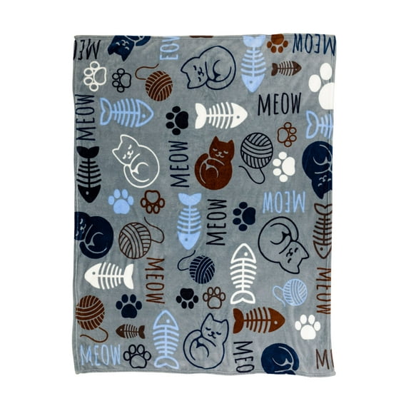 Kitty Paws Gray Soft Plush 50x60in Blanket