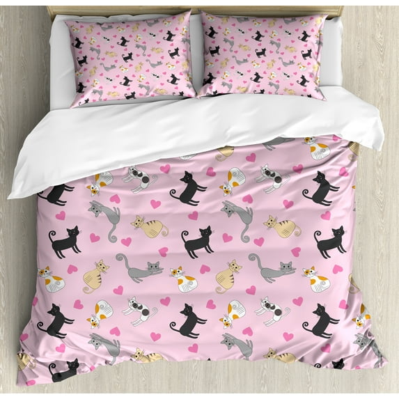 Kitty Queen Size Duvet Cover Set, Cats in Different Colors and Patterns among Pink Hearts Resting Happy Stretching, Decorative 3 Piece Bedding Set with 2 Pillow Shams, Multicolor, by Ambesonne