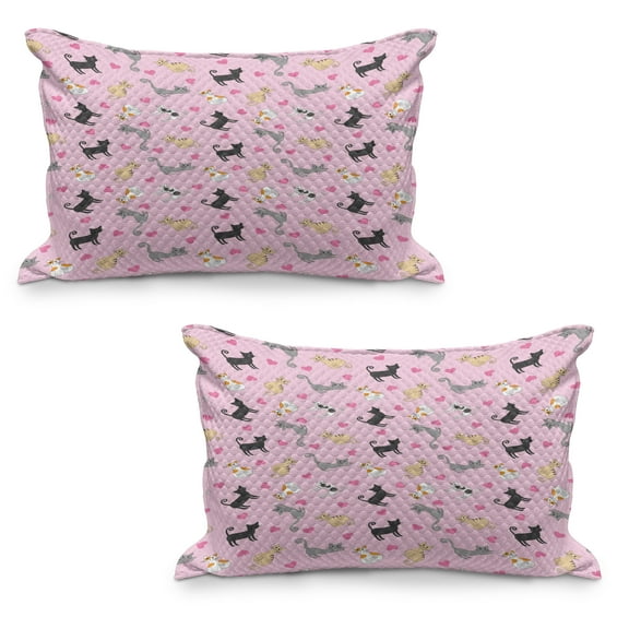 Kitty Quilted Pillowcover Set of 2, Cats in Colorful Design and Patterns Among Pink Hearts Resting Happy Stretching, Standard Queen Size Pillow Cover for Bedroom, 36" x 20", Multicolor, by Ambesonne
