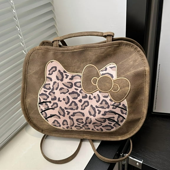 Kitty Retro Leopard Print Shoulder Bag - Cute Cartoon Design, Large Capacity Women's Handbag, Adjustable Shoulder Strap, Lightweight Fashionable Blue or Brown Commuter Bag
