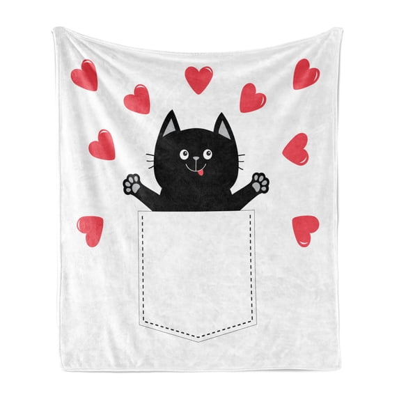 Kitty Soft Flannel Fleece Blanket, Valentine's Day Themed Graphic of a Funny Kitten in a Pocket Print, Cozy Plush for Indoor and Outdoor Use, 60" x 80", Charcoal Grey Coral and White, by Ambesonne