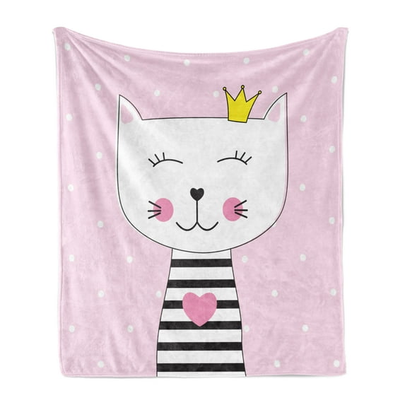 Kitty Soft Flannel Fleece Throw Blanket, Design of a Kitten in a Crown on a Polka Dots Background, Cozy Plush for Indoor and Outdoor Use, 50" x 70", Baby Pink Grey, by Ambesonne