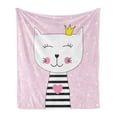 thumbnail image 1 of Kitty Soft Flannel Fleece Throw Blanket, Design of a Kitten in a Crown on a Polka Dots Background, Cozy Plush for Indoor and Outdoor Use, 60" x 80", Baby Pink Grey, by Ambesonne, 1 of 5