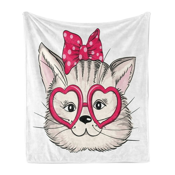 Kitty Soft Flannel Fleece Throw Blanket, Hipster Cat Wearing Heart Shaped Pink Glasses and Dotted Hair Bow, Cozy Plush for Indoor and Outdoor Use, 50" x 60", Magenta Beige Black, by Ambesonne