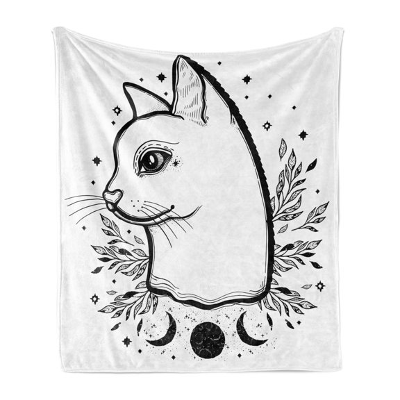 Kitty Soft Flannel Fleece Throw Blanket, Monochrome Hand Drawn Side Profile of a Bohemian Cat with Symbolic Motifs, Cozy Plush for Indoor and Outdoor Use, 60" x 80", Charcoal Grey White, by Ambesonne