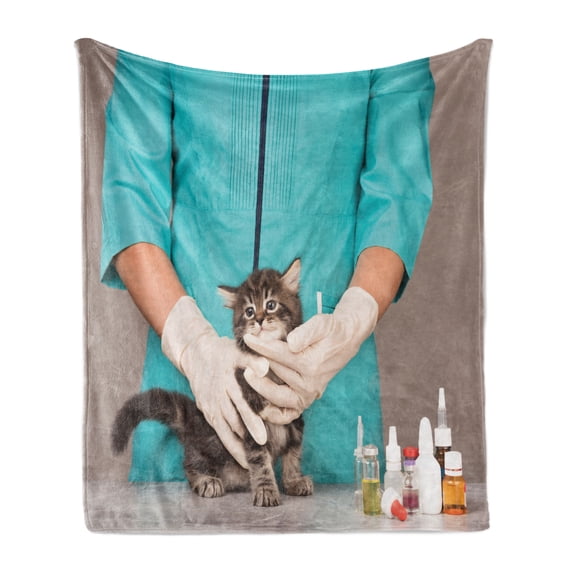 Kitty Soft Flannel Fleece Throw Blanket, Photo of a Veterinary Holding a Little Cat Examining Professionally, Cozy Plush for Indoor and Outdoor Use, 50" x 60", Warm Taupe Multicolor, by Ambesonne