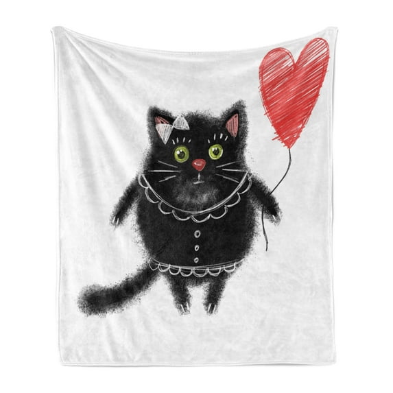 Kitty Soft Flannel Fleece Throw Blanket, Sketch of a Cat Holding a Heart Balloon, Cozy Plush for Indoor and Outdoor Use, 60" x 80", Charcoal Grey Dark Coral, by Ambesonne