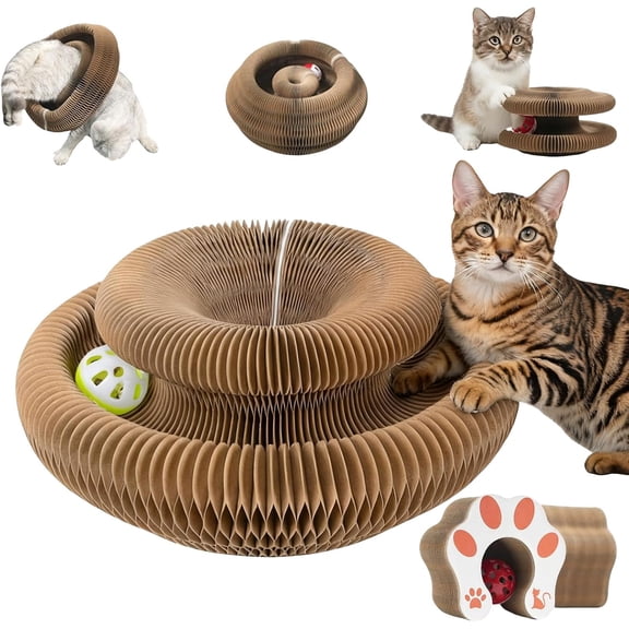 Kitty Spin Feline Kingdom Cat Scratching Post, Multi-Function Corrugated Cardboard Scratch Board with Ball & Bell, Foldable Indoor Cat Scratcher for Play & Claw Maintenance
