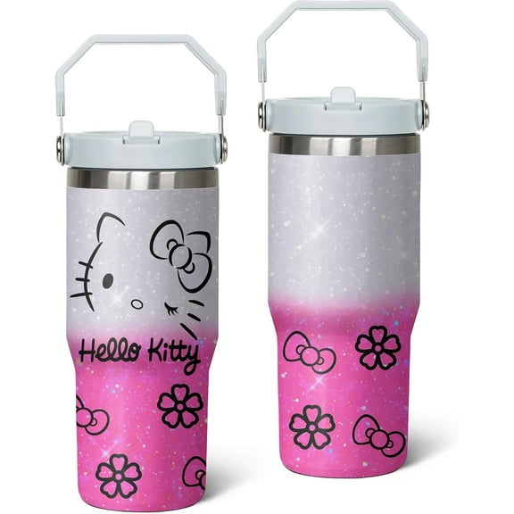 Kitty Tumbler for Adults Water Bottle 30 Oz Tumbler with Handle and Straw Kitty Cups for Kids Pink Coffee Mug Kitty Stuff Cat Insulated Cup Gifts for Girl Women