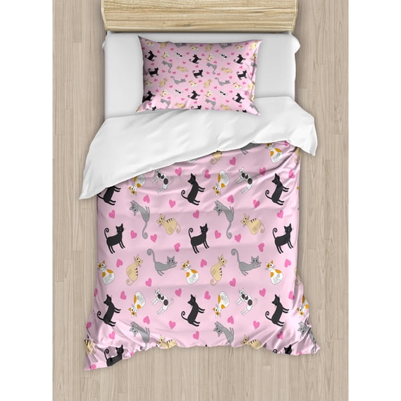 Kitty Twin Size Duvet Cover Set, Cats in Different Colors and Patterns among Pink Hearts Resting Happy Stretching, Decorative 2 Piece Bedding Set with 1 Pillow Sham, Multicolor, by Ambesonne