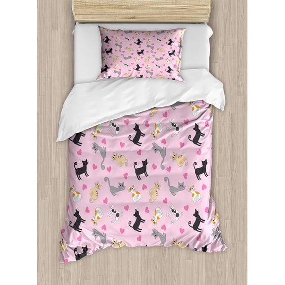 Kitty Twin Size Duvet Cover Set, Cats in Different Colors and Patterns among Pink Hearts Resting Happy Stretching, Decorative 2 Piece Bedding Set with 1 Pillow Sham, Multicolor, by Ambesonne