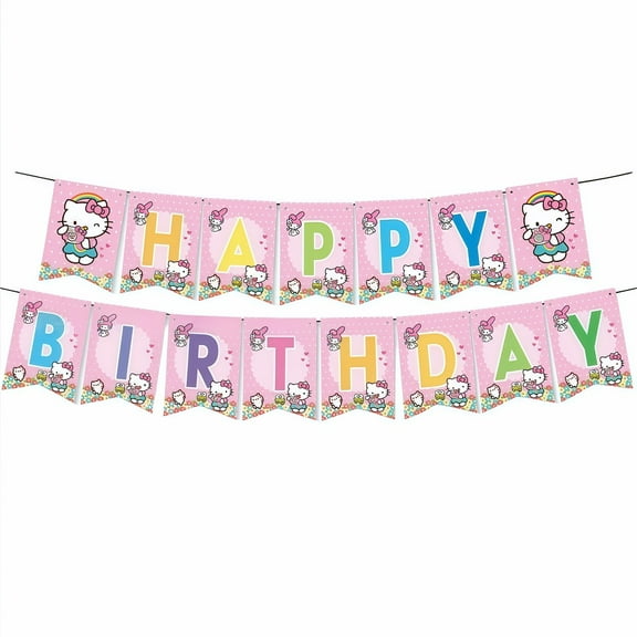 Kitty White Anime Cartoon Birthday Party Decorations Banner - Waterproof Laminated Hanging Pennants for Kids Room Theme Decoration Supplies