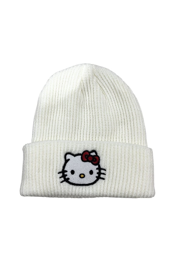 Kitty White Anime Catoon Knitting Hat - Fleece-Lined Acrylic Beanie, Cute Kawaii Embroidery Trapper Cap for Women Men Unisex