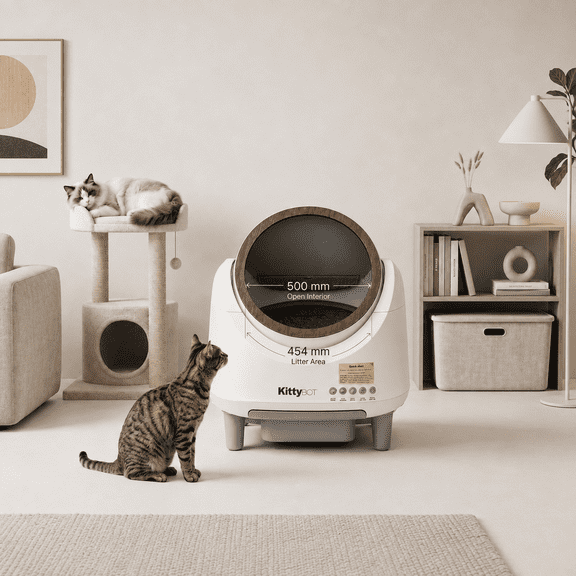 KittyBOT Automatic Self-Cleaning Cat Litter Box, Smart App-Free Kitty Litter Box with Wood Grain Accent, Quiet 28.2dB Odor Control, Safety Protection for Multi-Cat Household