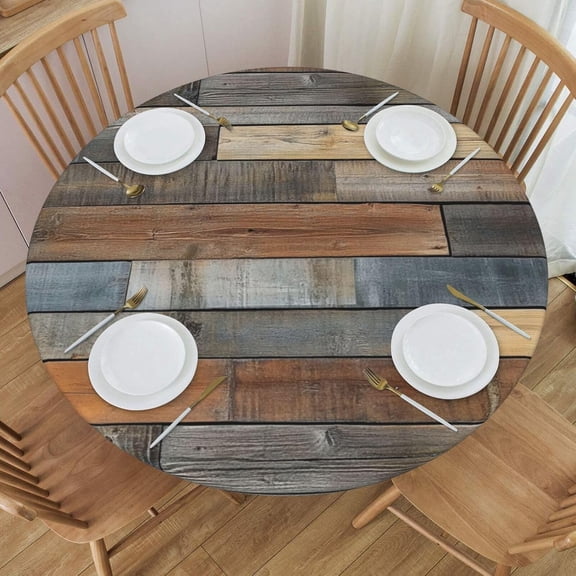 KiuLoam Wood Grain Tablecloth Round Rustic Vintage Wooden Texture Print Table Cloth with Elastic Edge Washable Fitted Table Cover for Kitchen Patry Outdoor Decor Fits 44", Small