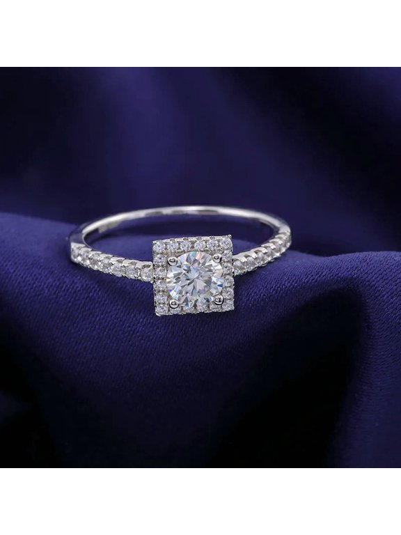 1.2 Ct Round Cut Lab-Created Simulated Diamond Square Halo Solitaire Ring with Accent Stones and Prong Setting, 14K White Gold Plated Ring for Women