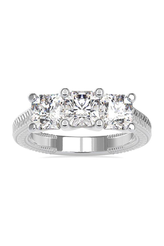 1.7 Ct Three Stone Vintage Engagement Ring for Women - Asscher Cut Lab Created Diamond - 14K White Gold Over Ring - Timeless Gift for Her - Perfect for Proposals and Anniversaries