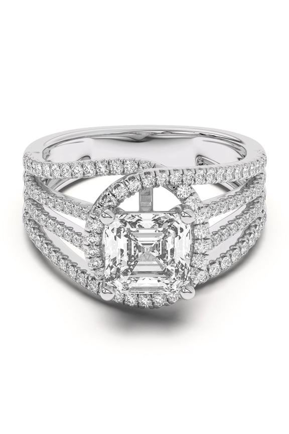 1.9 Ct Asscher Cut Halo Engagement Rings - Wedding Multi Shank Rising Split Shank Diamond Rings - 14K White Gold Over - Lab-Created Simulated Diamond - Perfect for Valentine’s Day