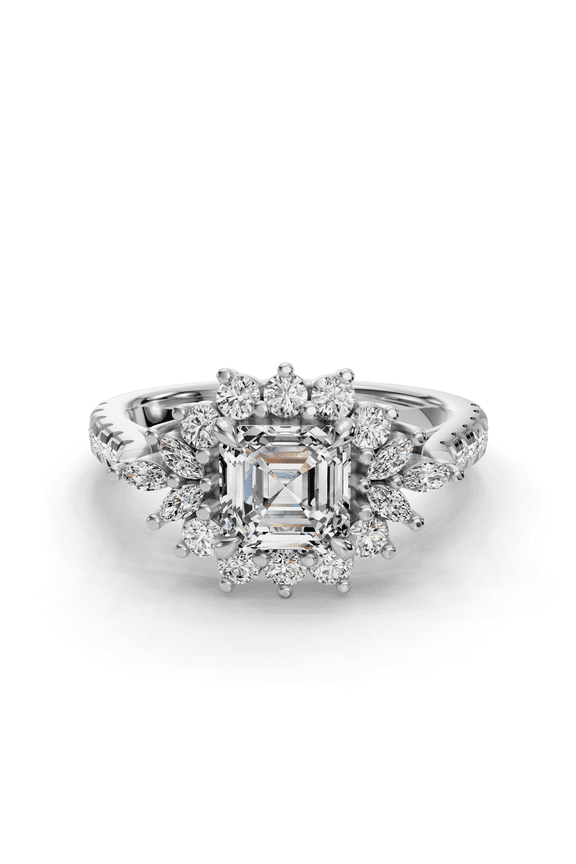 1.99 Ct Asscher Cut Engagement Ring - Classic Multi Stone Halo Wedding Rings - Moissanite Simulated Moissanite - Elegant 14K White Gold Plated Setting - Ideal for Engagement or Proposal