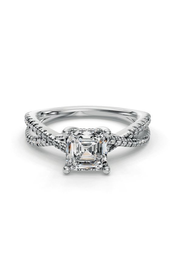 Moissanite 2.1 Ct Moissanite Ring - Asscher Cut Solitaire Engagement Ring for Women - Infinity Twisted Cross Over Shank Design - 14K White Gold Plated Prong Setting - Perfect for Gifting