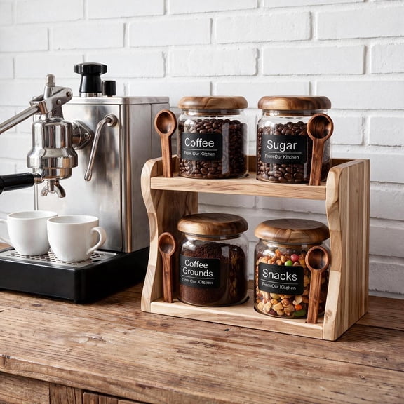 KivaraKL 4-Pack 13 fl oz Wide Mouth Glass Storage Jars with Acacia Wood Lids, Rack and Spoons for Kitchen Storage of Spices, Coffee Beans and Snacks