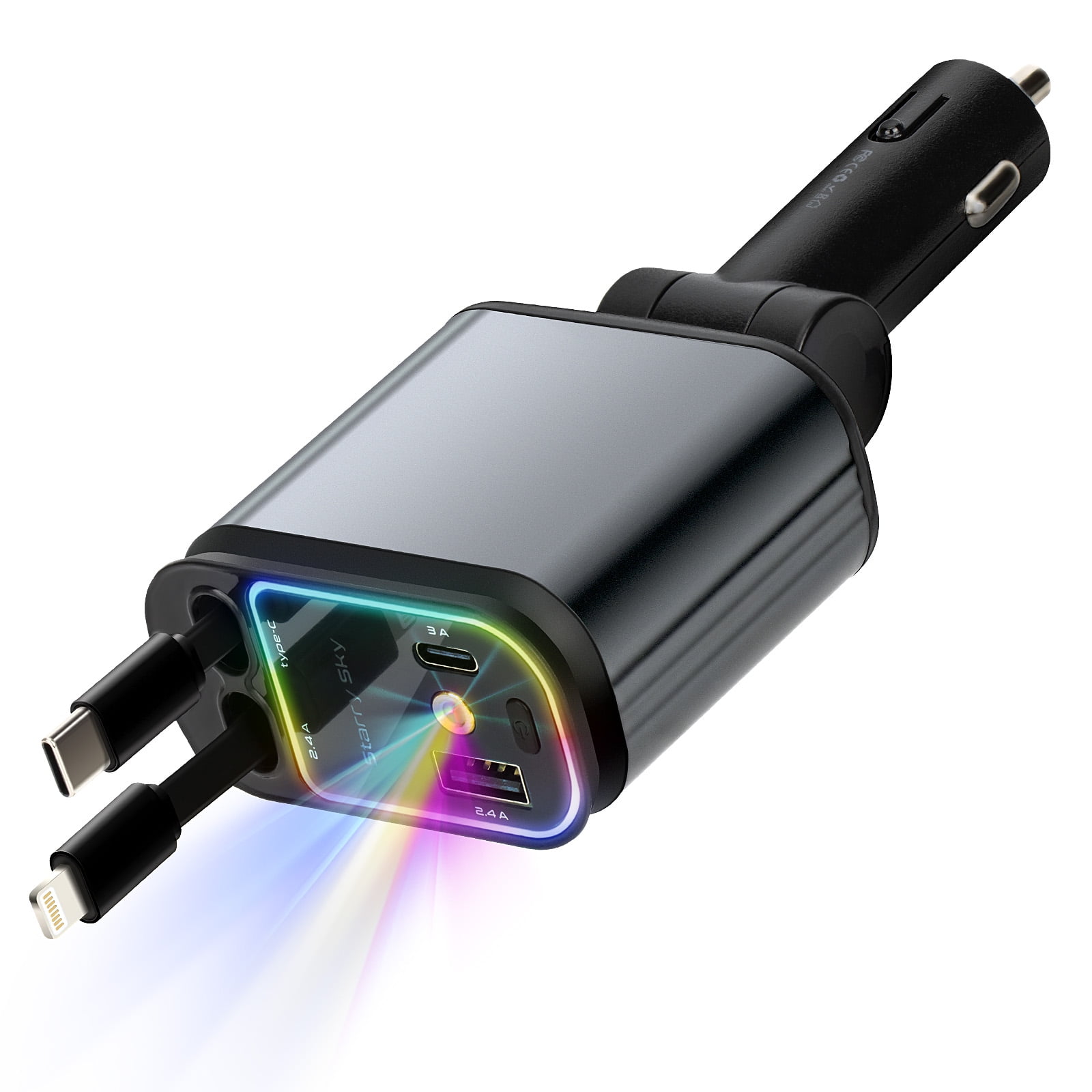 Kivdit 4 in 1 Retractable Car Charger,66W Fast Car Charger Adapter with Lights,Car Phone Charger with USB C/A Ports and 2 Retractable Cables,Compatible with iPhone and Android