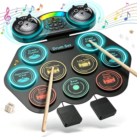 Kivdit Electronic Drum Set for Kids Adults,9 Pads Portable MIDI Roll-up Drum Kit with Dual Bluetooth Speakers / Headset Jack / Drumsticks / Foot Pedals,Christmas Birthday Gift