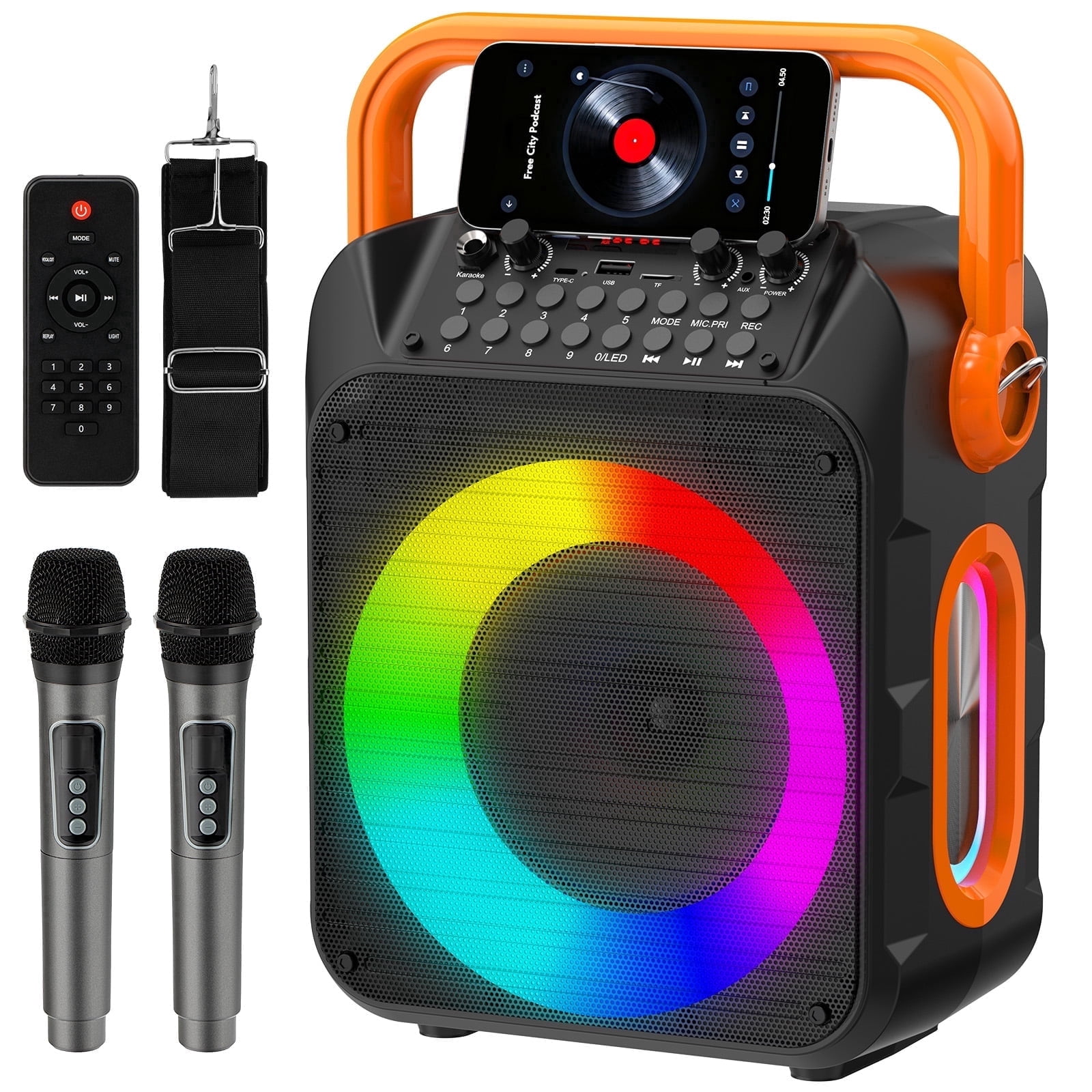 Karaoke-machine met 2 microfoons, draagbare bluetooth-karaoke-installatie met ledverlichting, geschikt voor feestjes en als cadeau voor volwassenen en kinderen, ondersteunt MIC/TF/USB/TWS/AUX