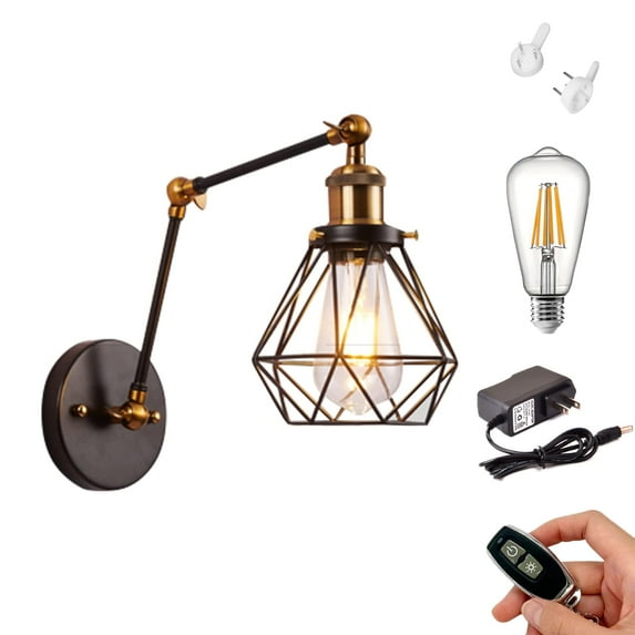 Kiven 1-Light Battery Operated Iron Wall Lamp, Vintage Black Rechargeable Wall Sconces, E26 Socket Bulb Included(Warm White)Wire Cage Wall Light Fixture