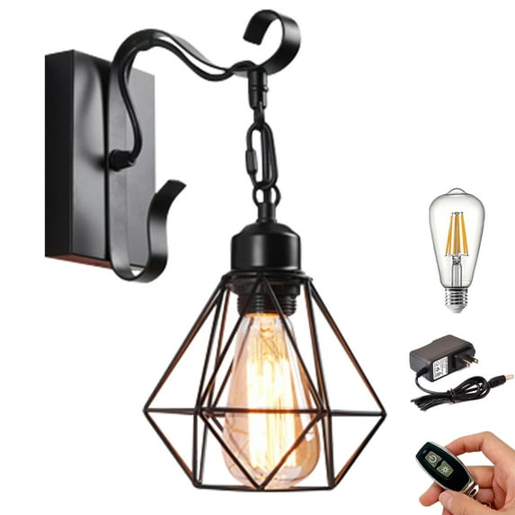 Kiven 1-Light Battery Operated Iron Wall Lamp, Vintage Black Rechargeable Wall Sconces, E26 Socket Bulb Included(Warm White)Wire Cage Wall Light Fixture