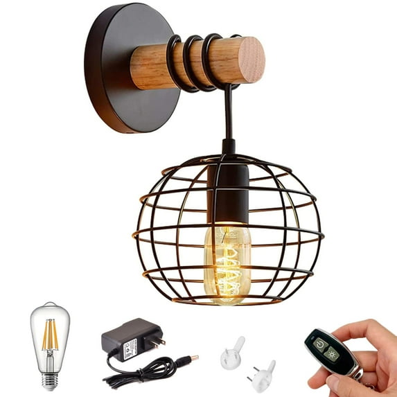 Kiven 1-Light Battery Operated Iron Wall Lamp, Vintage Black Rechargeable Wall Sconces, E26 Socket Bulb Included(Warm White)Wire Cage Wall Light Fixture