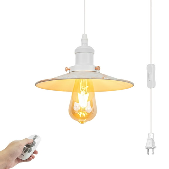 Kiven 1-Light Plug in Pendant Light,Industrial Hanging Light with 15FT Cord, Remote Control, Timer,Dimmable Ceiling Pendant Light White Finish (marble pattern)