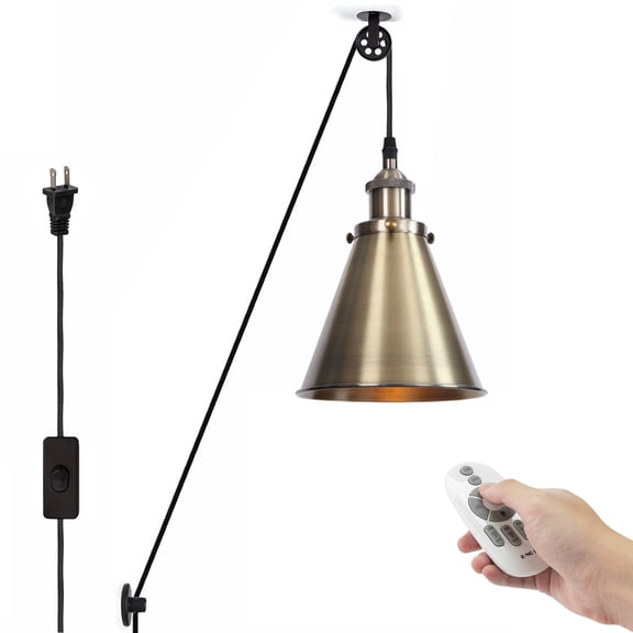 Kiven 1-Light Plug in Pendant Light,Industrial Pulley Hanging Light with 15FT Cord, Remote Control, Dimmable Ceiling Pendant Light, E26 Socket, Bronze Finish