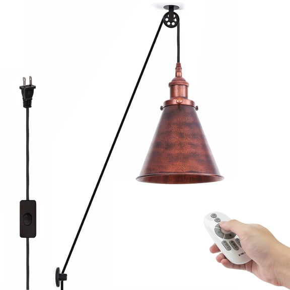 Kiven 1-Light Plug in Pendant Light,Industrial Pulley Hanging Light with 15FT Cord, Remote Control, Dimmable Ceiling Pendant Light, E26 Socket, Rusty Red Finish