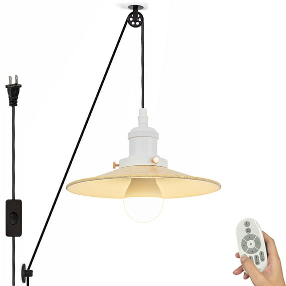 Kiven 1-Light Plug in Pendant Light,Industrial Pulley Hanging Light with 15FT Cord, Remote Control, Timer,Dimmable Ceiling Pendant Light Bronze Finish