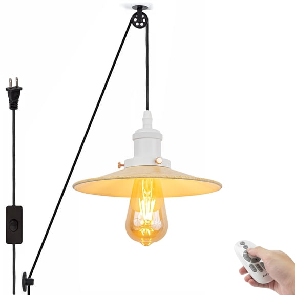 Kiven 1-Light Plug in Pendant Light,Industrial Pulley Hanging Light with 15FT Cord, Remote Control, Timer,Dimmable Ceiling Pendant Light Yellow Finish