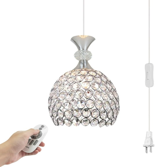 Kiven 1-Light Plug in Pendant Light,Modern Crystal Hanging Light with 15FT Cord, Remote Control, Dimmable Ceiling Pendant Light for Bedroom Hallway Kitchen Island, E26 Socket