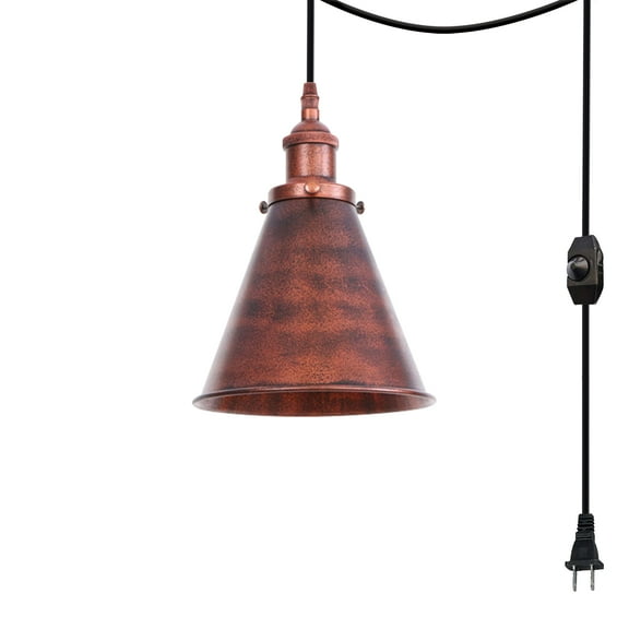Kiven 1-Light Plug in Pendant Light,Industrial Hanging Light with 15FT Cord, Dimmable Ceiling Pendant Light, E26 Socket, Rusty Red Finish