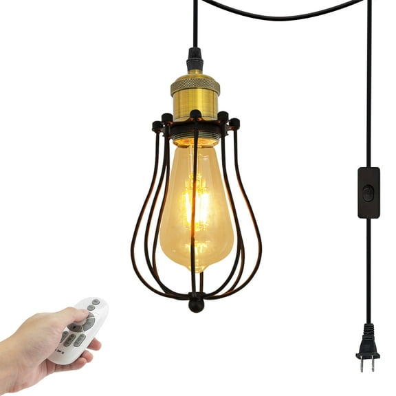 Kiven 1-Light Plug in Pendant Light,Industrial Hanging Light with 15FT Cord, Remote Control, Dimmable Ceiling Pendant Light, E26 Socket, Gold Finish