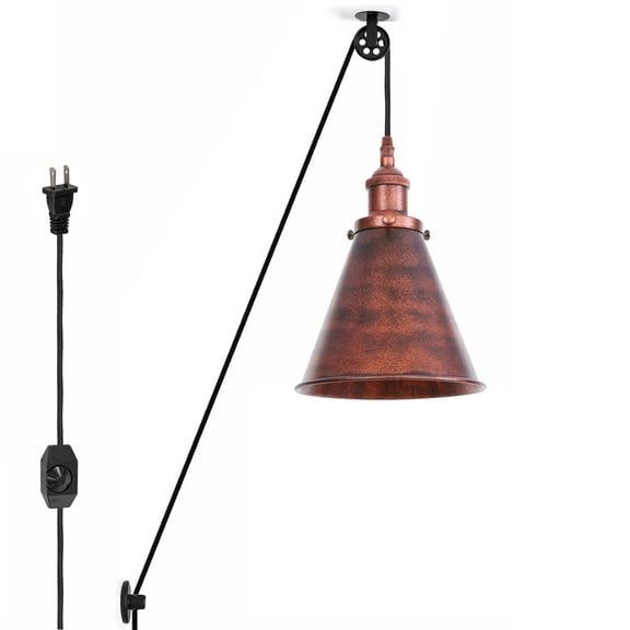 Kiven 1-Light Plug in Pendant Light,Industrial Pulley Hanging Light with 15FT Cord, Dimmable Ceiling Pendant Light, E26 Socket, Rusty Red Finish