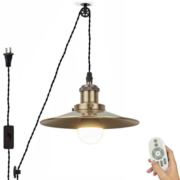 Kiven 1-Light Plug in Pendant Light,Industrial Pulley Hanging Light with 15FT Cord, Remote Control, Dimmable Ceiling Pendant Light ,Bronze Finish